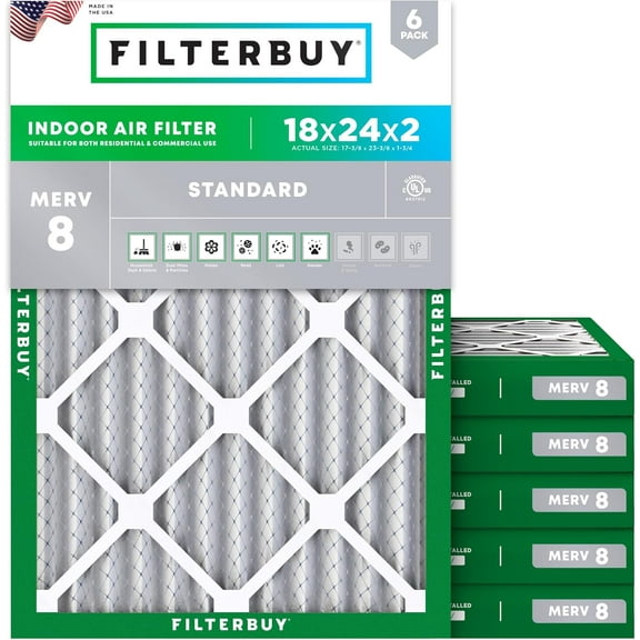 Filterbuy 18x24x2 Air Filter MERV 8 Dust Defense, Pleated HVAC AC Furnace Filter Replacement, 6-Pack
