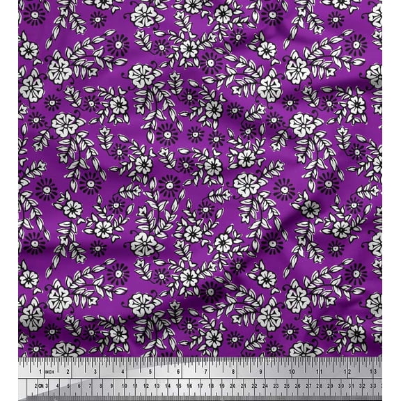 Soimoi Crepe Silk Fabric Leaves & Floral Block Print Fabric by The Yard 42 Inch Wide