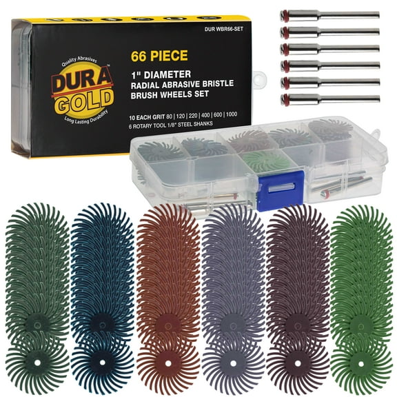 Dura-Gold 66-Piece 1" Diameter Radial Abrasive Bristle Brush Wheels Set - 10 Each Grits 80, 120, 220, 400, 600, 1000, 6 Rotary Tool 1/8" Steel Shanks, Storage Case - Sandpaper Surface Prep Polishing