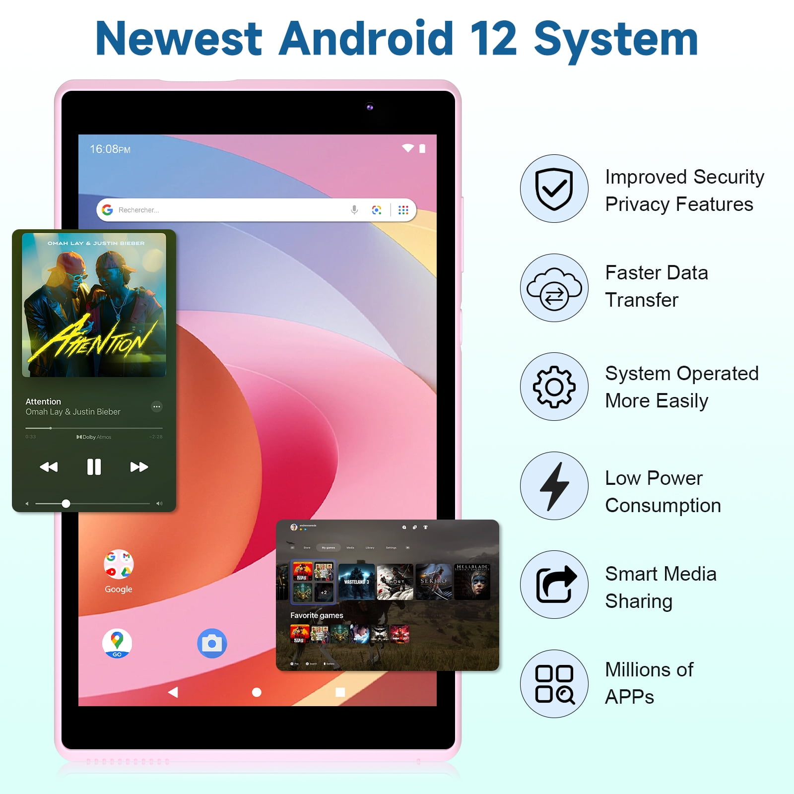 Android Tablet 8 inch, Android 12 Tablet, 4GB RAM 32GB ROM, Quad-Core Processor, Dual Camera, WiFi, 128GB Expand, Game, GMS Certified Tablets(Pink)