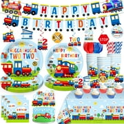 184Pcs Chugga Chugga Two Two Party Decorations Set, 2nd Birthday Decorations for Boys Include Banner, Plates, Tablecloth, Balloons, Cake Topper, Cupcake Toppers, Train Birthday Supplies for 25 Guests
