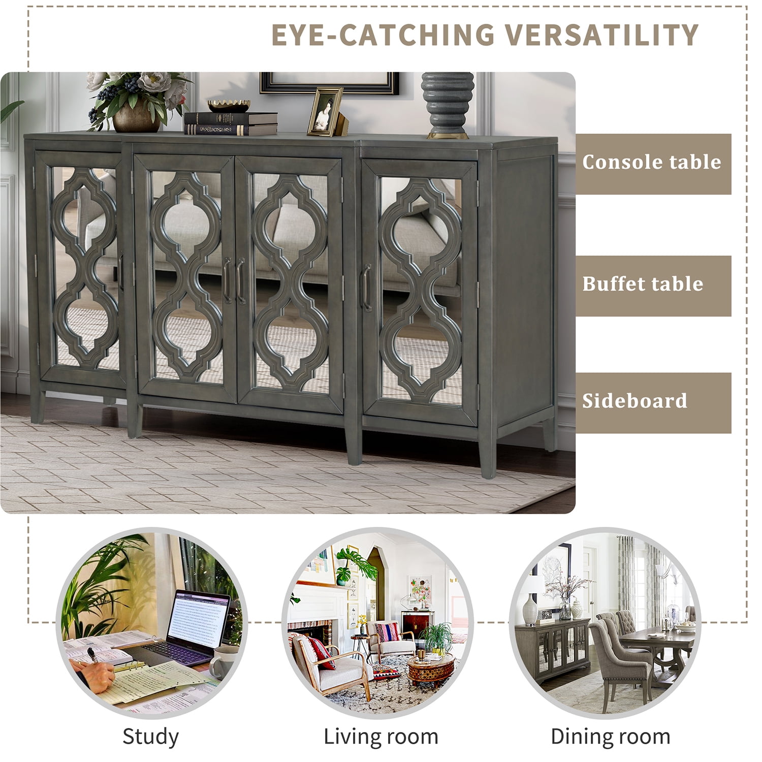 Kadyn 59.8" Modern Mirrored Console Table Sideboard, MDF Buffet Cabinet Sideboard with 4 Cabinets and 3 Adjustable Shelves,Kitchen Storage Cupboard Cabinet for Living Room, Gray