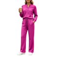 thumbnail image 3 of Two‑Piece Set for Women Solid Color Henley Neck Button Top & Drawstring High Waist Wide Leg Pants with Pockets for Any Occasion, 3 of 8