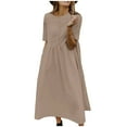 thumbnail image 2 of Breaise Linen Dresses for Women 2024 Casual Cotton Linen Dresses Plus Size Solid Round Neck Short Sleeve Maxi Dresses Loose Button Dresses Long Summer Khaki XXXXXL, 2 of 6