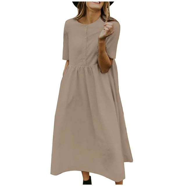 Linen Dresses for Women Summer Women Summer Casual Solid Short Sleeve Dresses Button Cotton Linen Loose Dress Short Sleeve Dresses for Women Short Summer Dresses for Women