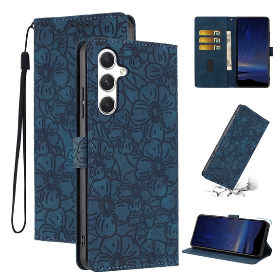 Wallet Case for Samsung Galaxy A14 5G, Embossed PU Leather Magnetic Clasp Flip Purse Case with Credit Card Holder & Cash Slot & Stand, Flower Pattern Cover for Samsung Galaxy A14 5G, Blue