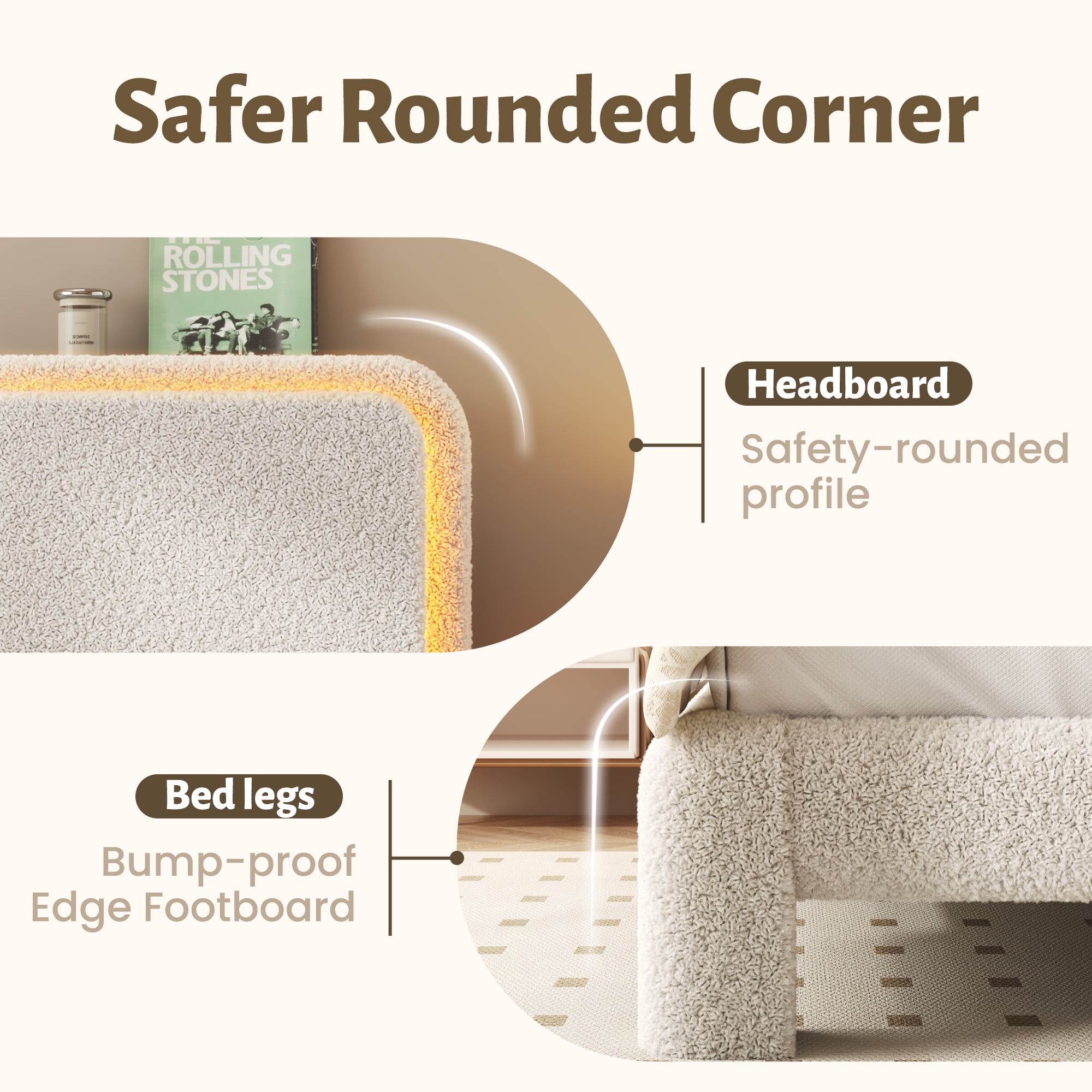 Fluest Queen Size Boucle Upholstered Bed Frame, Cloud Headboard, Built-in Charging Station & LED Lights, Beige, No Box Spring Needed