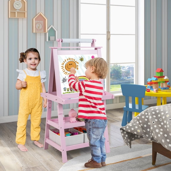 Barara King Kid's Art Easel with Drawing Board, Drawing Easel with Paper Roll, 3-in-1 Double-Sided Storage Art Easel for Study Room, Home Office, Living Room, Pink