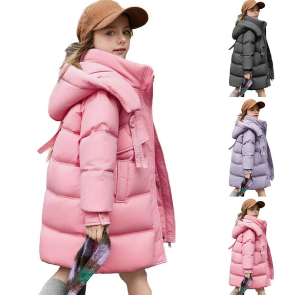 MKOSPLRT Girl's Winter Coat Long Puffer Jacket Fleece Parka Solid Thicken Warm Quilted Jacket Fleece Outwear with Hood Waterproof 5-13Y