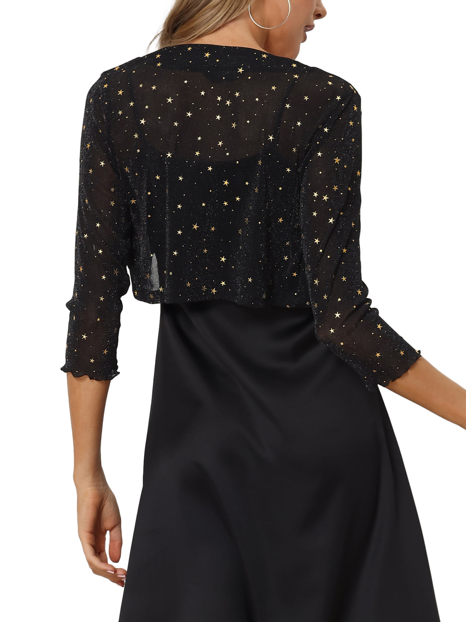 Unique Bargains Star Mesh Cardigan for Women's Metallic Party Crop Bolero Shrug M Black