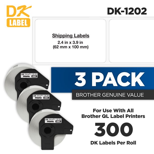 Brother Genuine DK1202 3Pack DieCut White Paper Shipping Labels for