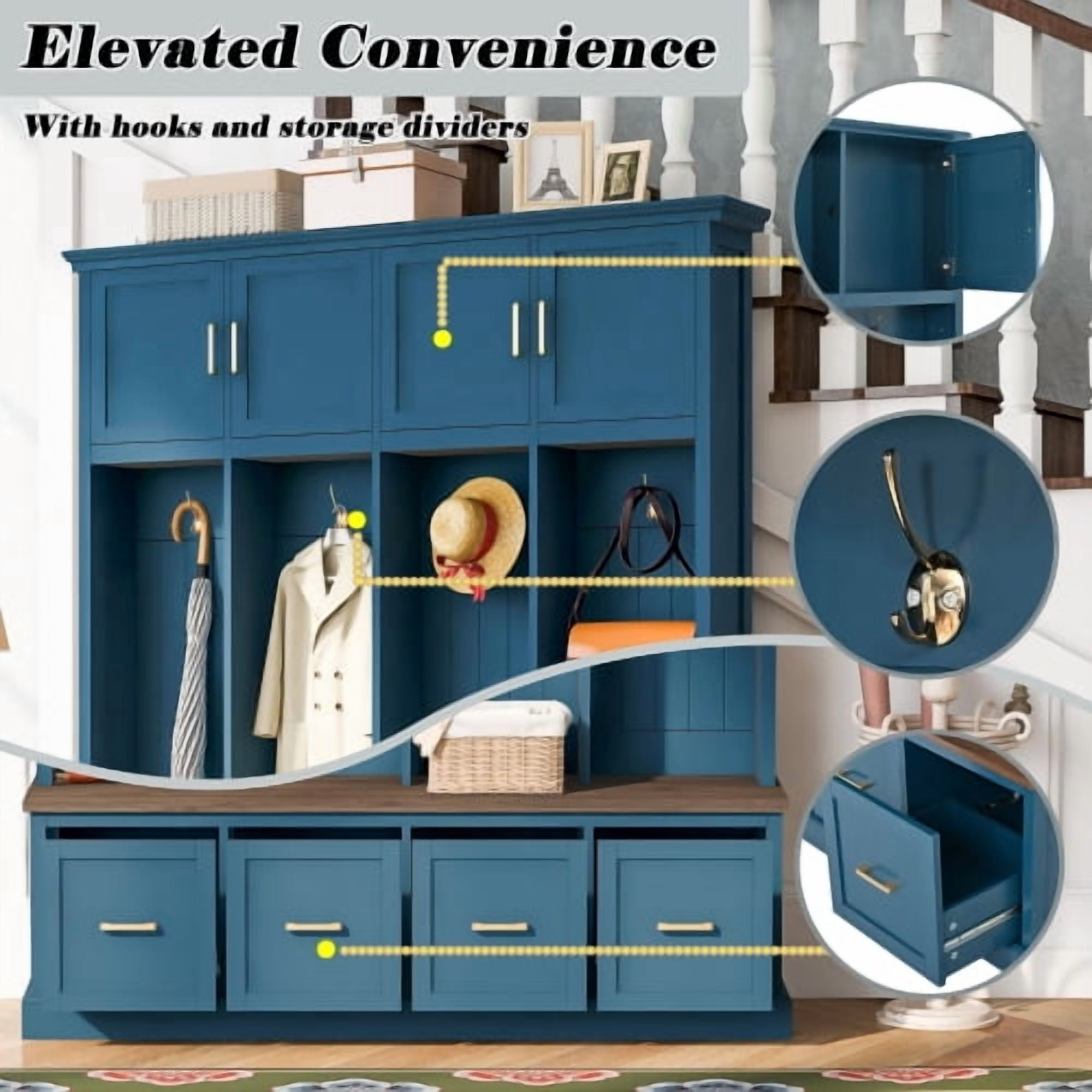 U-Can Farmhouse Entryway Hall Tree with Coat Hooks, Cabinets and Drawers, with Wood Accents and Gold Hardware, Navy Blue