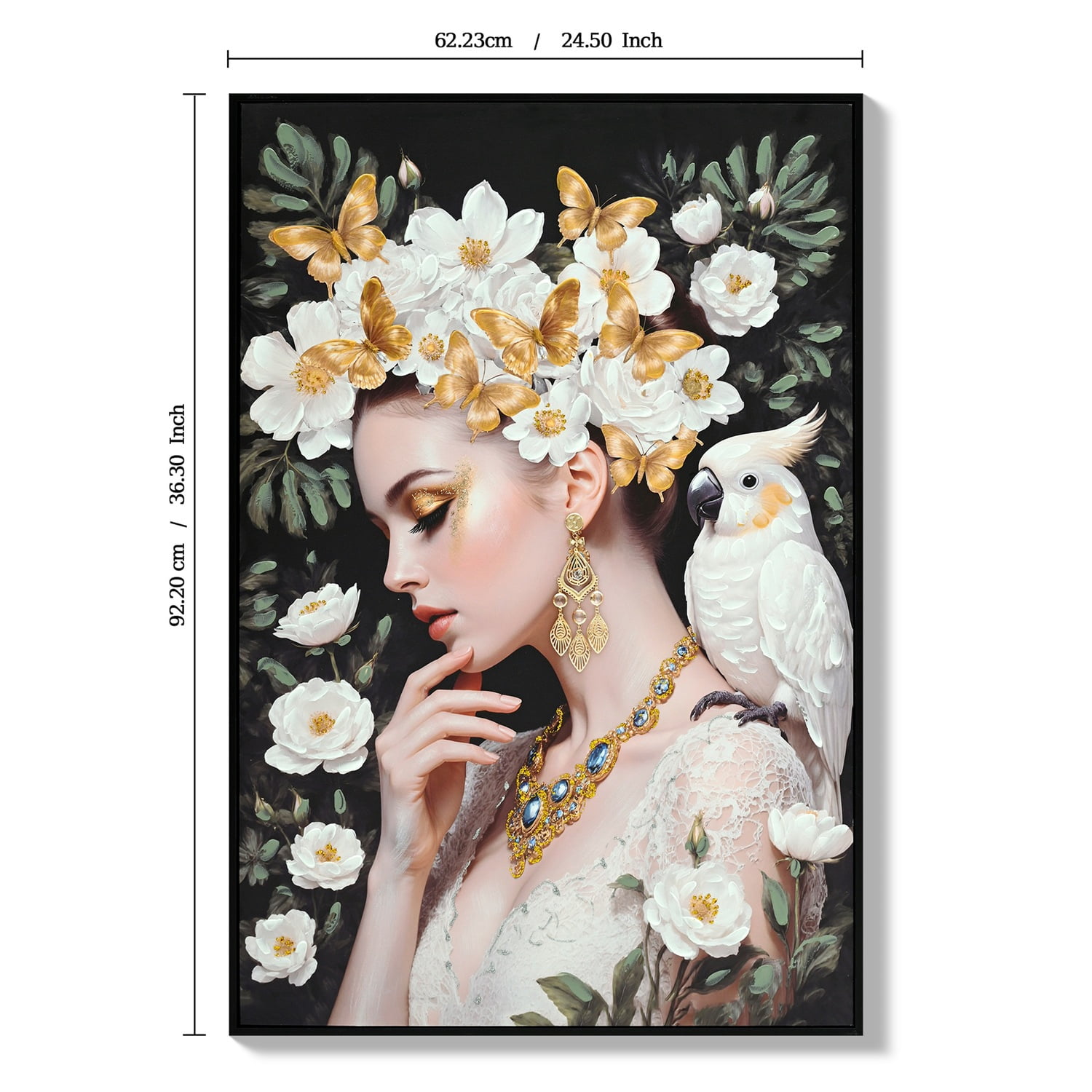 MOONMISS 24x36 Beauty Lady Gold White Floral Canvas Print Modern Wall Art Living Room Bedroom Decor