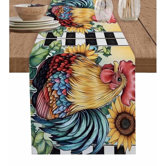 Retro Sunflower Rooster Table Runner 72 Inches, Farmhouse Watercolor Plaid Bed Runner Dresser Scarves Tabletop for Indoor Outdoor Parties/Ceremony/Banquet, 13" x 72"