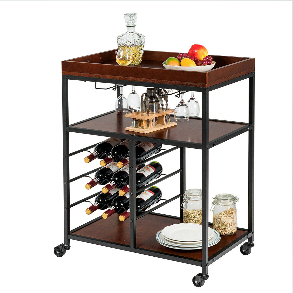NSdirect Kitchen Cart,Industrial Kitchen Bar/&Serving Cart Rolling Utility Storage Cart with 3-Tier Shelves,Metal Wine Rack Storage and Glass Bottle Holder,Removable Wood Top Box Container,Brown