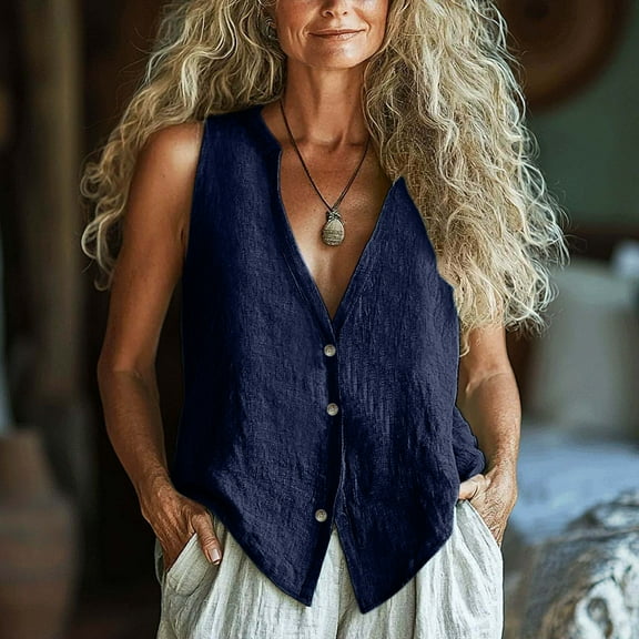 ‌FDGIU ‌Women's Linen Button Down Shirt | V Neck Sleeveless Vest (Summer Casual Dressy 2025 Trendy)