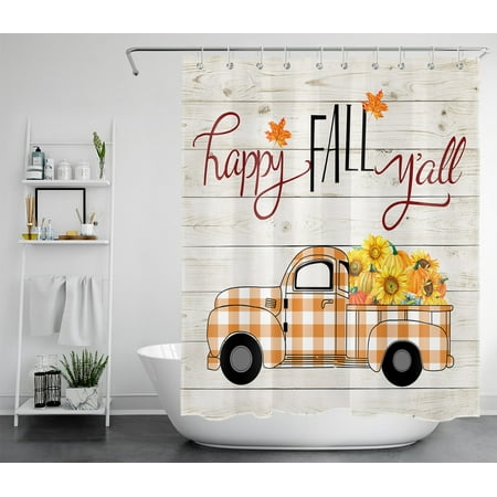HVEST Fall Shower Curtain, Autumn Pumpkin Sunflower Shower Curtain Retro Plaid Truck Farmhouse Shower Curtains for Bathroom, Fabric Waterproof Thanksgiving Bath Curtains with 12 Hooks, 60x72 Inches