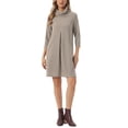 thumbnail image 2 of INSPIRE CHIC Women's Knit Dress 3/4 Sleeve Loose Turtleneck Pullover Sweater Fall Winter Mini Dress with Pockets S Khaki, 2 of 6