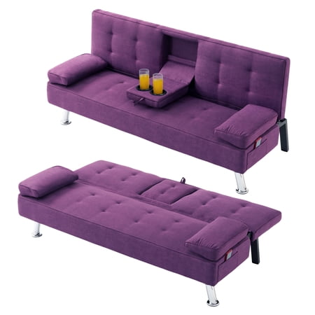 BSHTI 69.49" Convertible Futon Sofa Bed with Drop-Down Console & 2 Cup Holders, 5-Position Adjustable Backrest, Side Storage Pocket, Futon Couches for Living Roon, Small Spaces,Purple