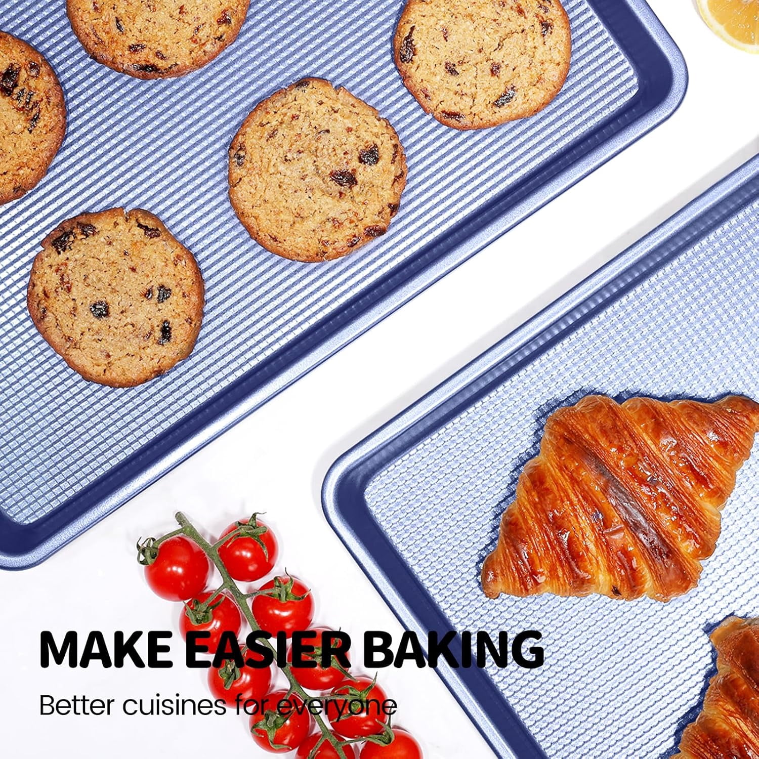 Vinino Baking Sheet Set of 3, Cookie Sheets For with Square Texture Pattern, Thicker Carbon Steel Non-stick Pan Half/Quarter/Jelly Roll Pans Tray for Oven-Blue