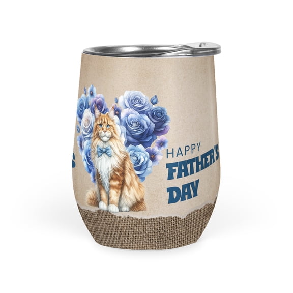 Maine Coon Proud Dad Happy Father's Day 12oz Stainless Steel Wine Tumbler Insulated Cup with Lid Cat Lover Kitten Owner Gifts - 02008