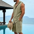 thumbnail image 6 of BLTIBY Mens Linen Set 2 Piece Summer Beach Outfits Sleeveless Button Down Hoodies and Drawstring Shorts Matching Vacation Sets with Pockets Army Green XL, 6 of 8