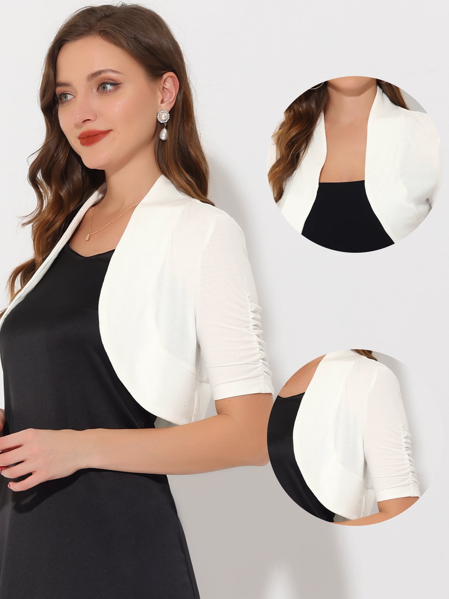 DARING DIVA Women's Ruched Short Sleeve Shrugs Bolero Cropped Cardigan L White