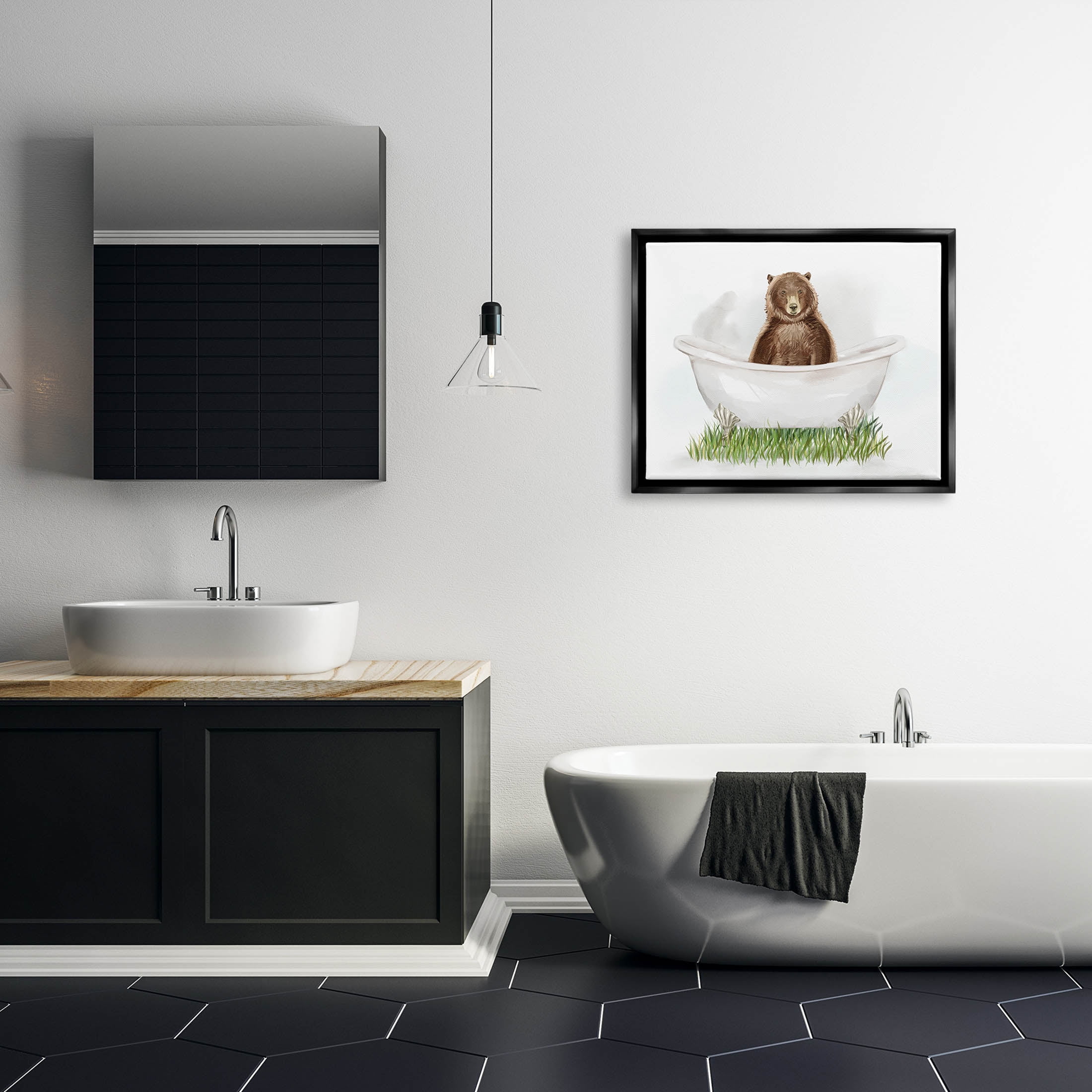 Bear In Tub Bathroom Animal Animals & Insects Graphic Art Jet Black Framed Art Print Wall Art