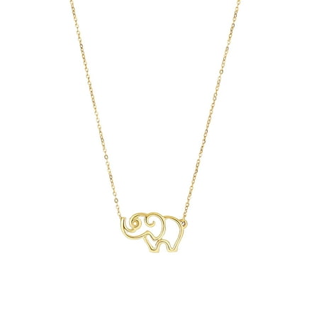14k Gold Yellow 15x8mm Shiny Elephant Silhoutte Pendant Anchored to 0.8mm Shiny Flat Oval Cable Chain with Spring Ring Clasp