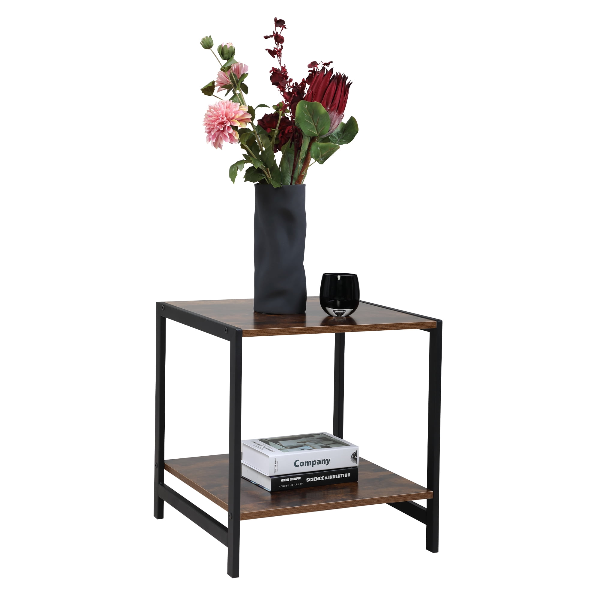 Industrial End Table, 2-Tier Square Wooden Side Table Night Stand Furniture for Living Room, Office, Rustic Brown