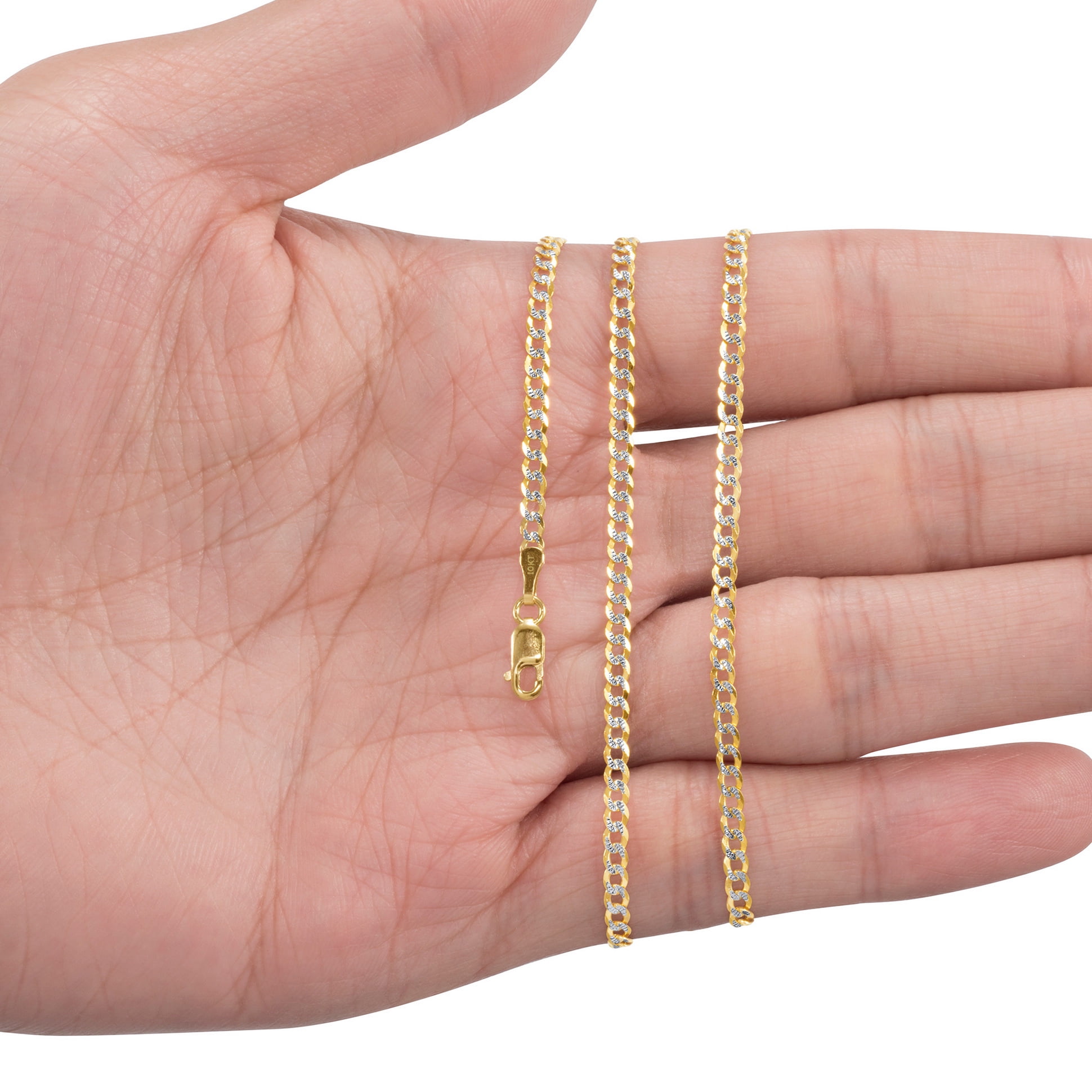Nuragold 10k Real Yellow Gold Solid Cuban Curb Link 2.5mm Diamond Cut Pave Chain Bracelet or Anklet (7"-9") Two Tone Italian Jewelry for Men & Women