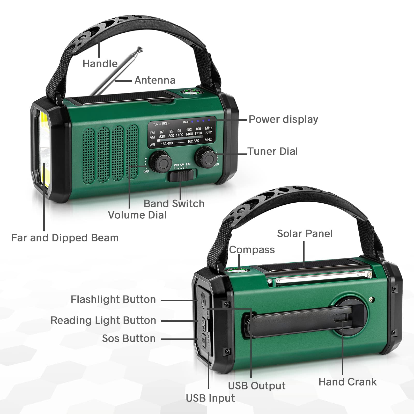 Hand Crank Emergency Radio  Noaa Weather With Am/fm Solar 10000mah Rechargeable Usb-c Flashlight Sos Alarm For Storm Hurricanes Outdoor Emergencies