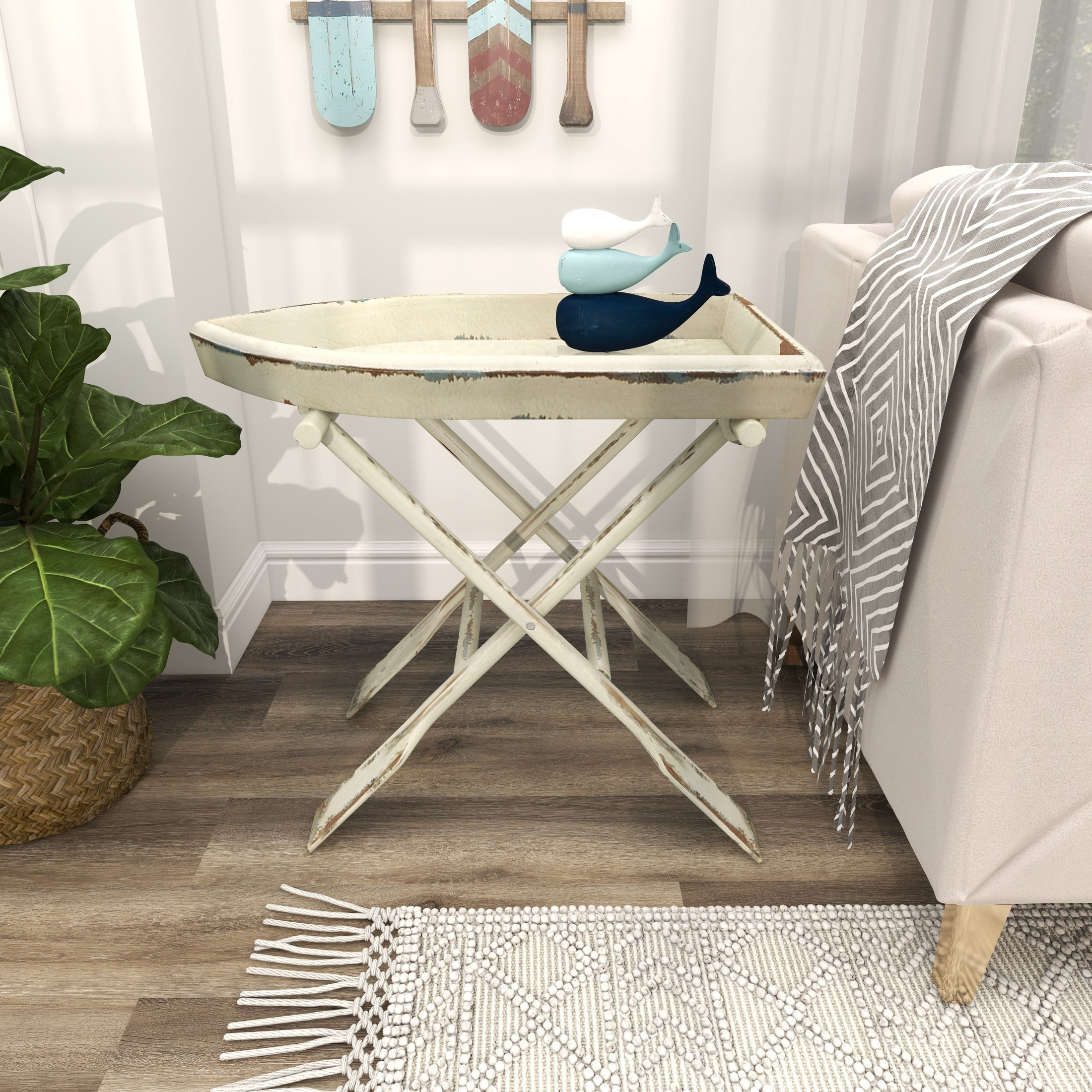 DecMode Coastal Wood Boat with Oar Inspired White  Accent Table, 28"W x 25"H