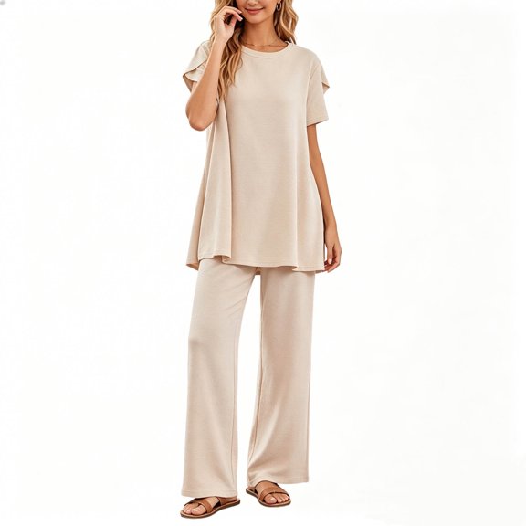 WIZUTIZ Women's Fashion Solid Color Round Neck Short Sleeve Elastic Waist Wide Leg Pants Loose Pajama Set Cozy Loungewear Soft 2 Piece Sleepwear