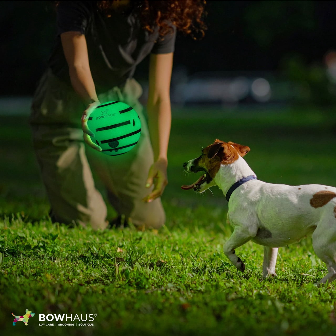 BOWHAUS Giggle Glow in The Dark Ball for Dogs, 5.5 Inch Interactive Dog Exercise Toys, Indestructible Fun Squeaky Chew Toy, Non-Toxic Durable PVC Chew Ball for Indoor Outdoor Play