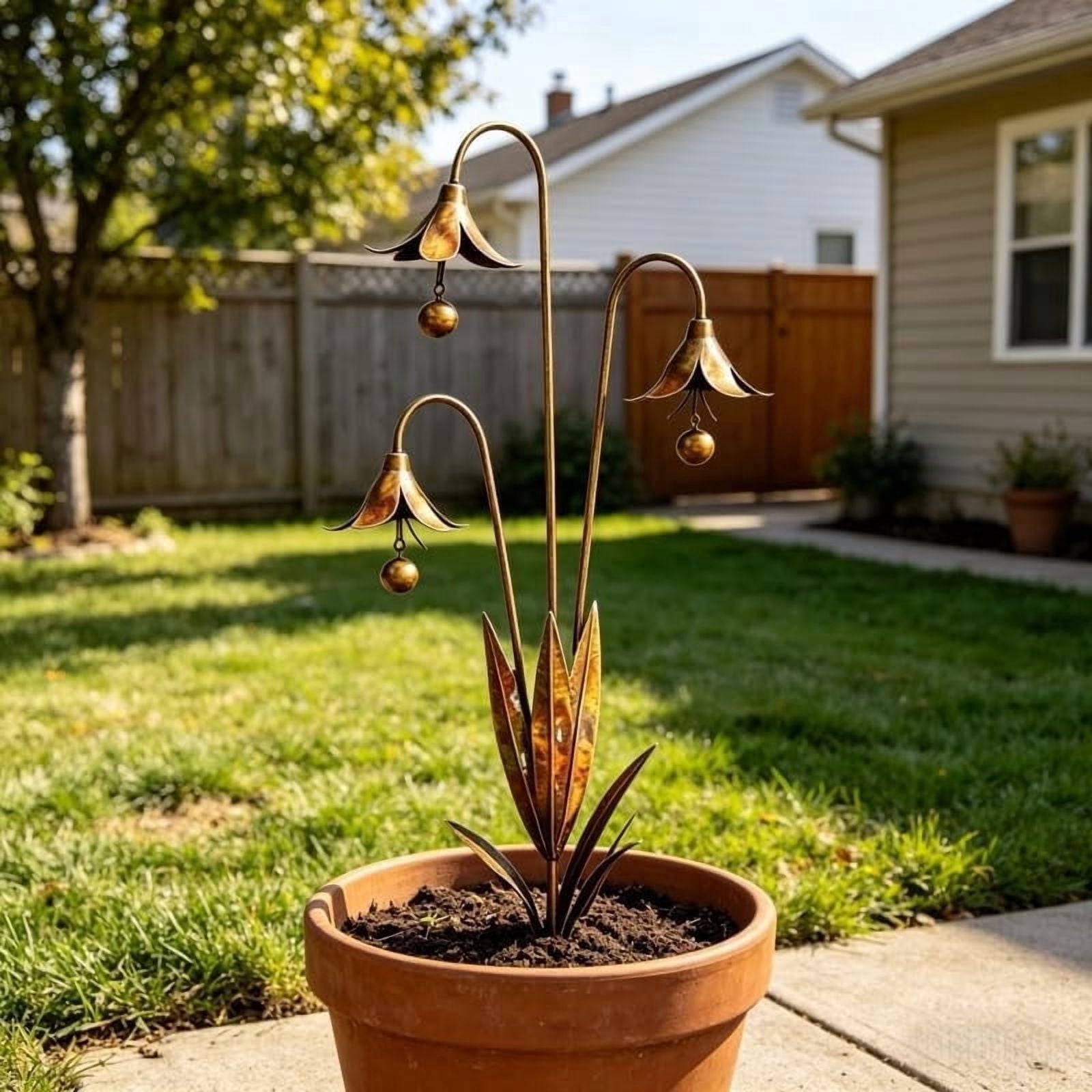 Three Bluebells Garden Stake with Bells, Flamed Copper Rain Catcher Flower Outdoor Yard Decoration, Metal Plant Sculpture Yard Art Decor, Rustic Wind Chime Ornament Gift