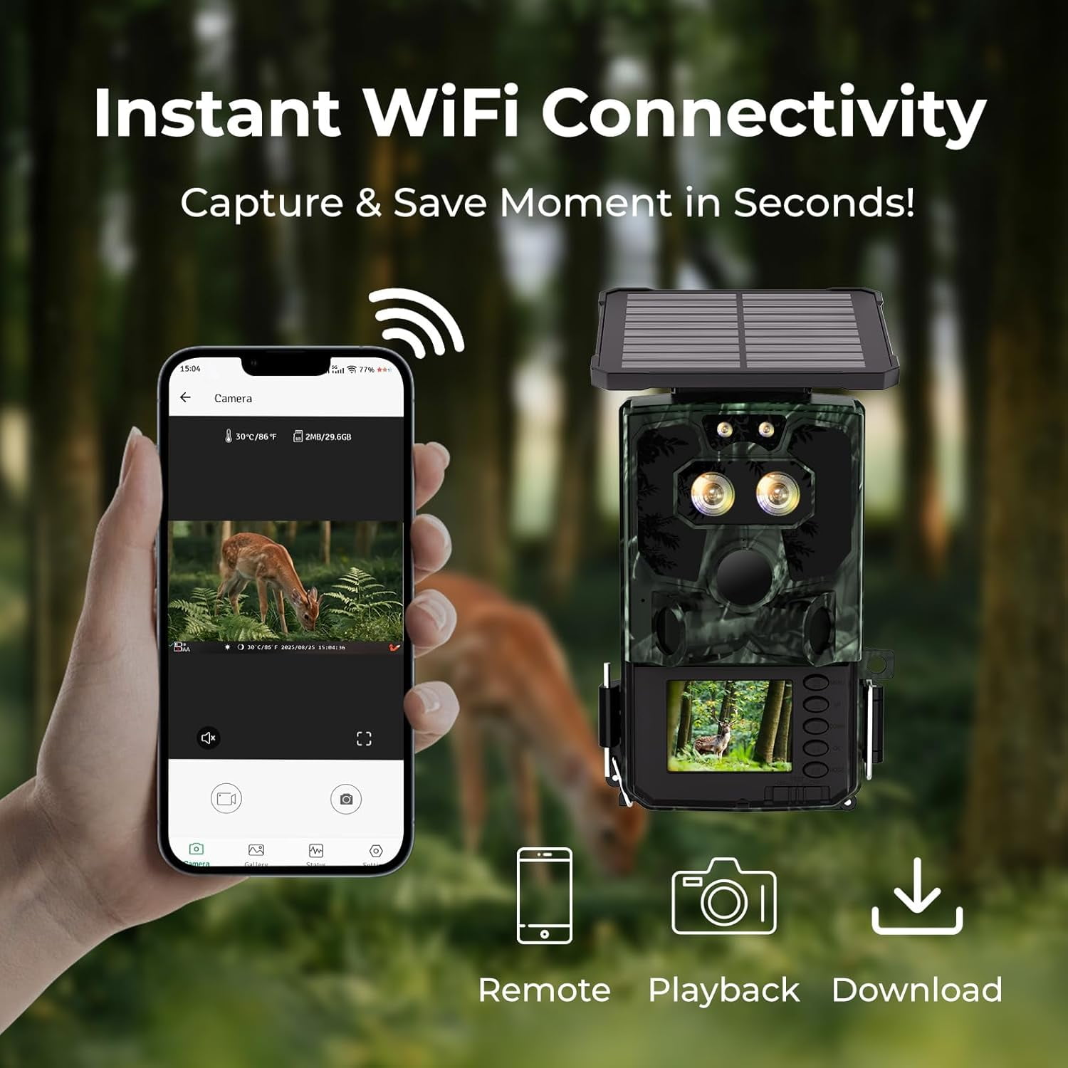 CAMPARK Solar Powered Trail Camera WiFi Bluetooth 60MP 4K UHD Dual Lens  Starlight Night Vision IMX458 Sensors 0.1s Motion Activated  IP66 Waterproof 2.4"LCD Game Hunting Camera with SD Card