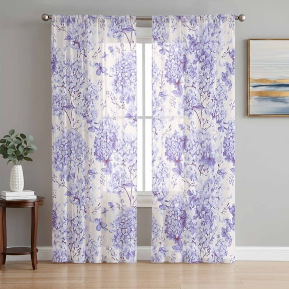 Purple Floral Semi Sheer Curtains 84 Inch Length 2 Panels Set, Hydrangeas Flower Spring Summer Botanical Sheer Kitchen Curtain Privacy Voile Window Curtain for Living Room Bedroom Rod Pocket Drapes