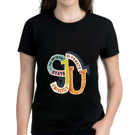 Stylish Cotton Short Sleeve T-Shirt with Bold 'STATE UNIVERSITY' Graphic & Intertwined 'JU' Design in Vibrant Colors