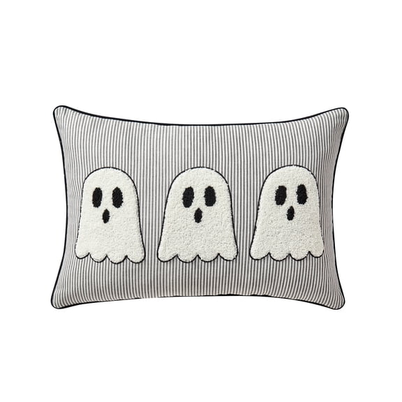 My Texas House Halloween Ivory/Black Tufted Ghosts Oblong Decorative Pillow, 14" x 20"