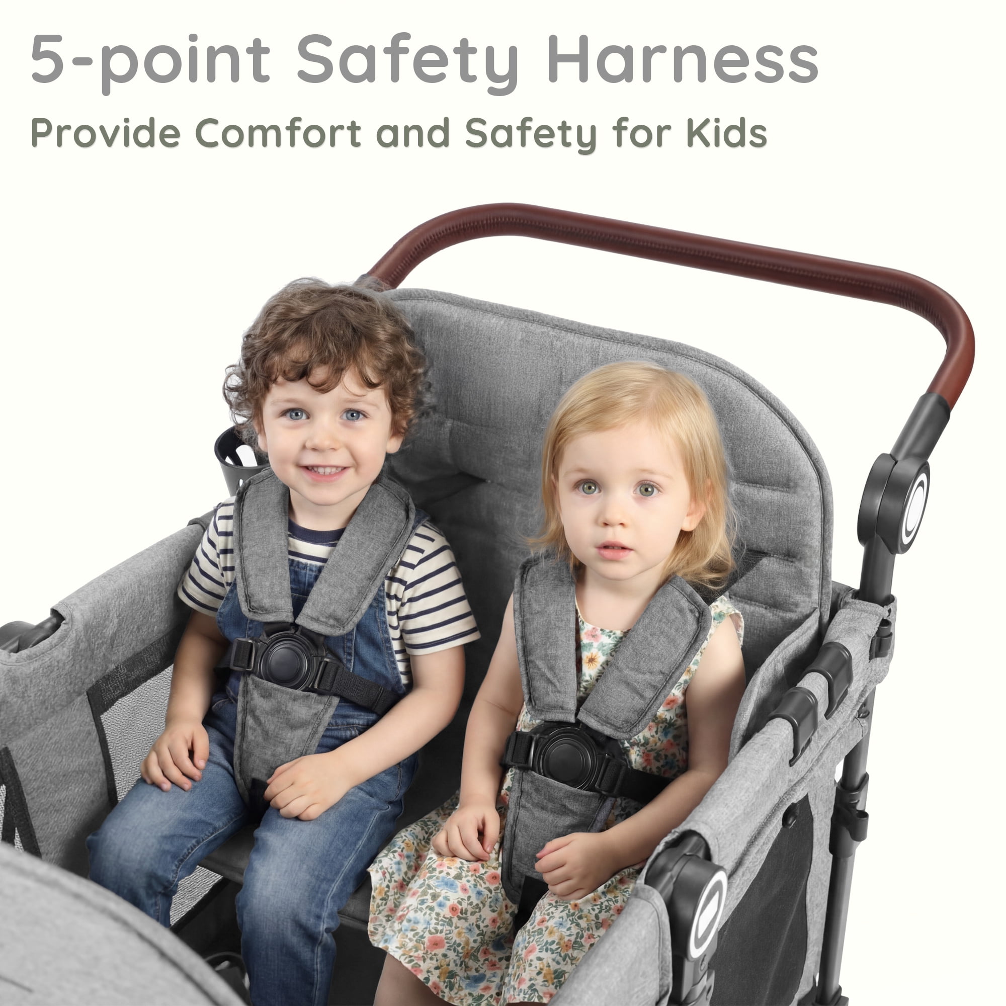 LINLUX Wagon Stroller for 4 Kids, Stroller Wagon 4 Seats w/Adjustable Handle, Detachable Tray, Gray