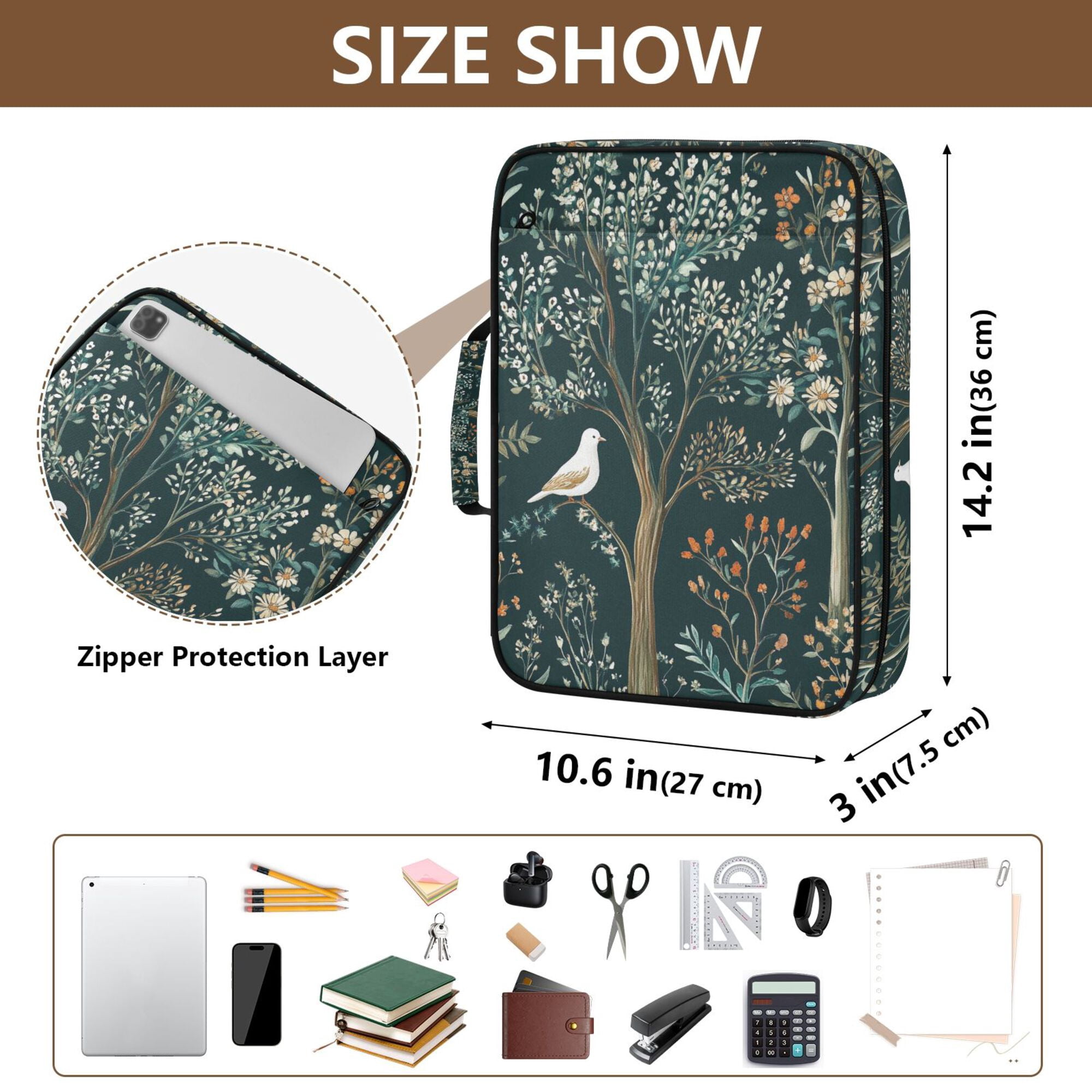 FORMRS Accordion File Folder A4 Size 7-Pocket Expanding Document Organizer Bag with 3 Ring Binder, Floral Forest Scene