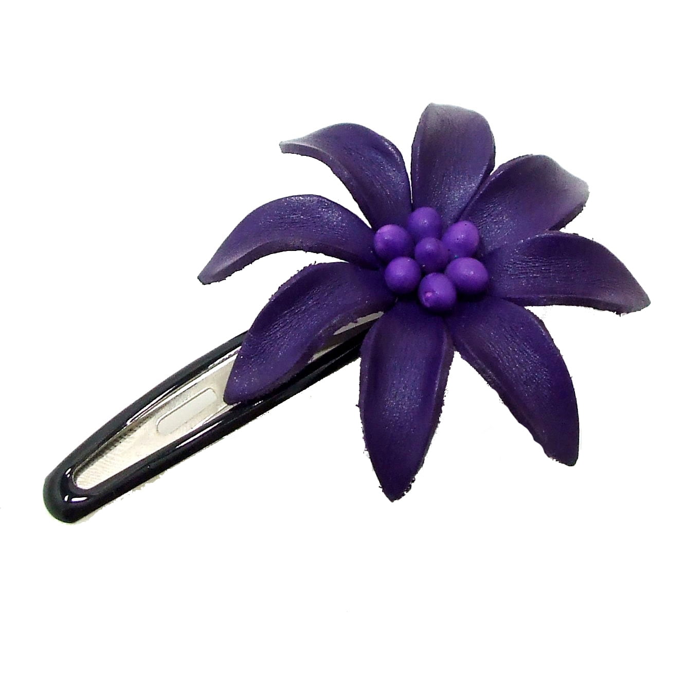 Handmade Dark Purple Lily Genuine Leather Hair Pinch Clip