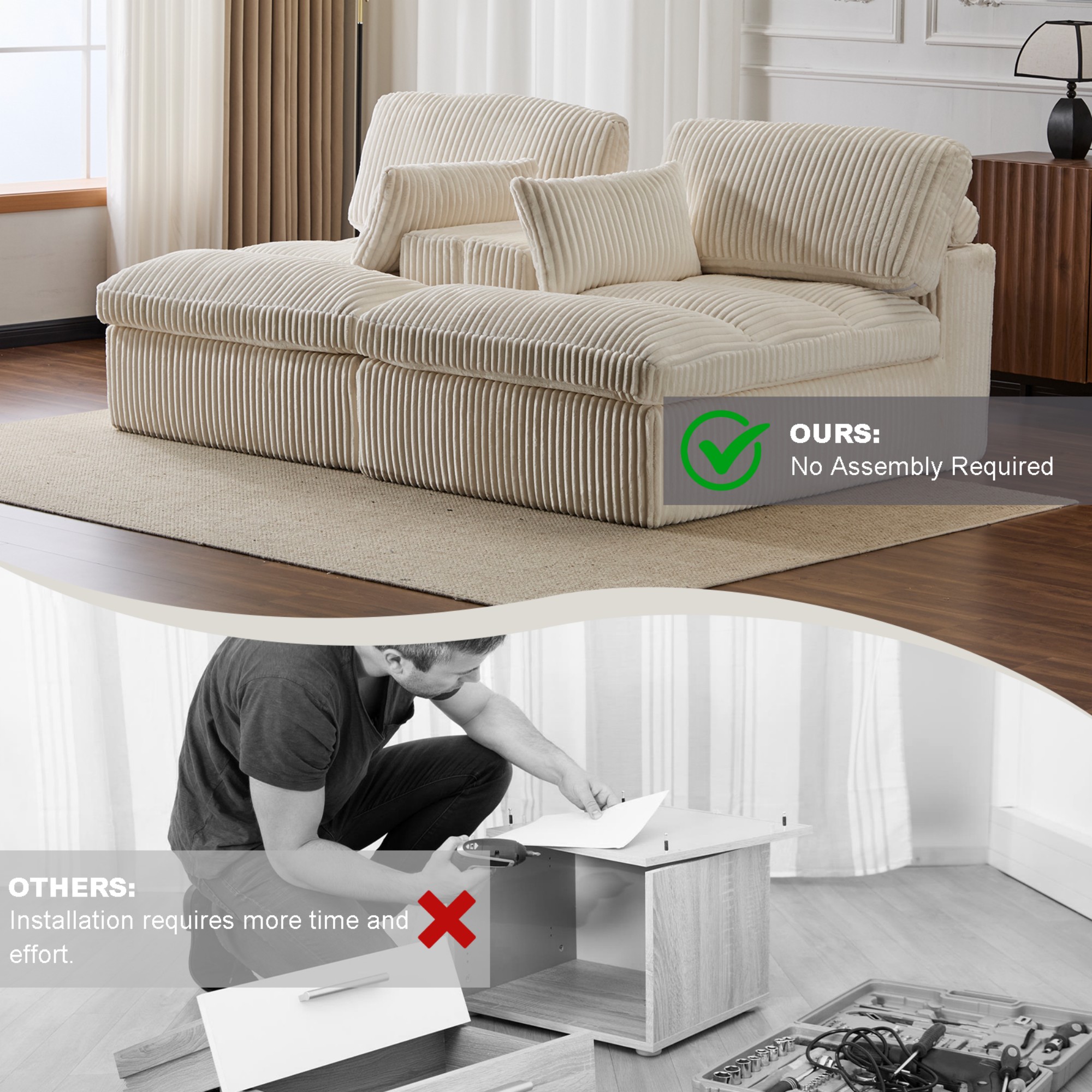 79" Oversized Sleeper Sofa Bed,Upholstered Sectional Sleeper Sofa Bed,Corduroy Sofa Bed Reading Chair for Living Room,White