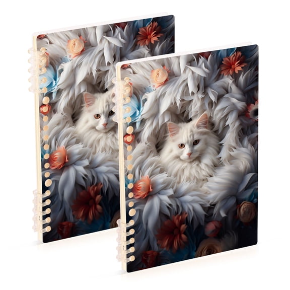 Cat Flowers White Ring Binder Notebook Journey Note Diary College Ruled Spiral Notebook Study Loose Leaf Paper A5 60 Pages