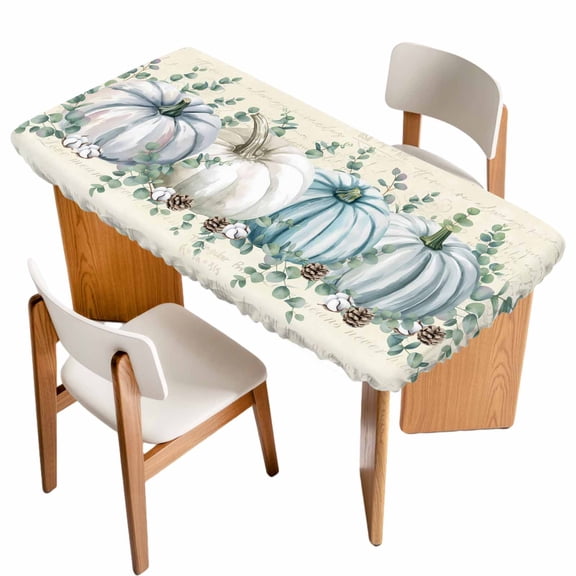 Teal Grey Pumpkins Fall Table Cloths for 4 Foot Rectangle Tables, Thanksgiving Eucalyptus Vintage Patio Waterproof Elastic Fitted Tablecloths, Washable Rectangular Table Cover for Camping