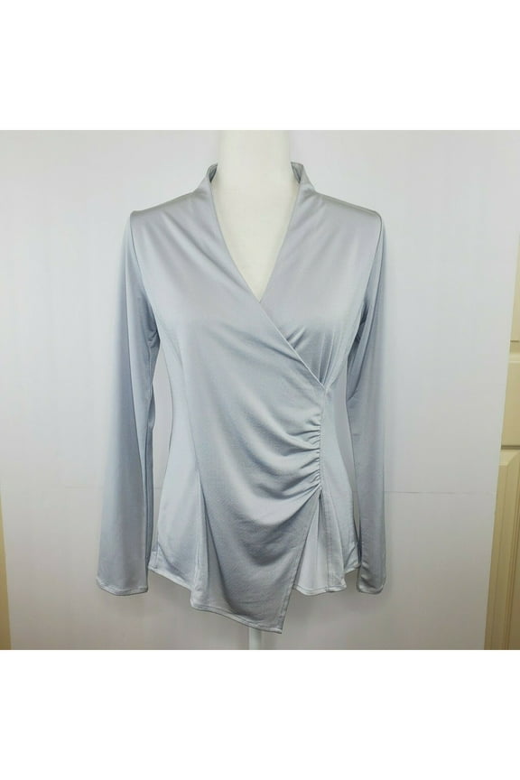 Womens Silver Ruched Long Sleeve Surplice Neckline Wear To Work Faux Wrap Top S