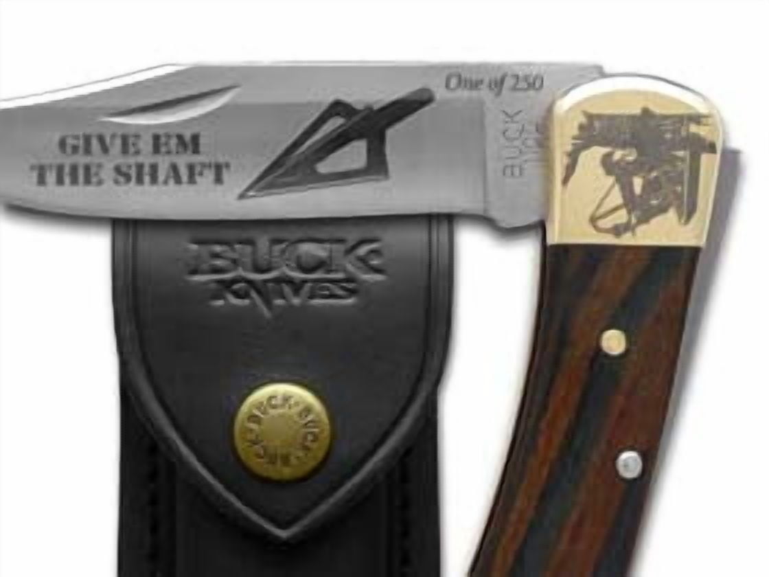 Buck 110 Give'em the Shaft Ebony Wood Folding Hunter 1/250 Stainless Custom Knife