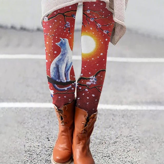 Puntoco Mujer Moda Casual Gato Impreso Leggings Ajustados Cintura Alta Pantalones Largos Puntoco Puntoco-7255
