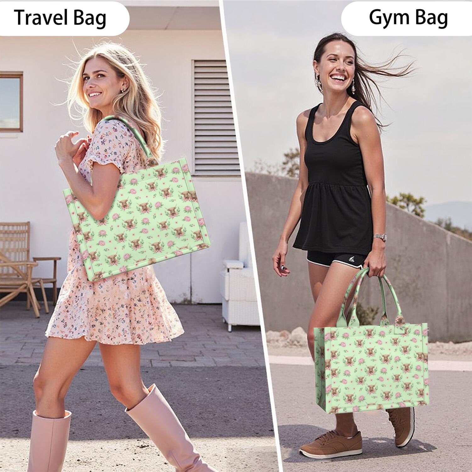 Large Capacity Tote Bag,Green Highland Cow Flower Pattern Handbag Fashion Luxury Tote Bag,15.7"x13"x 5.1" Inches,Laptop Compatible